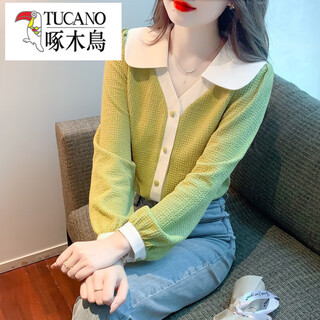 Woodpecker (tucano) spring and autumn clothing 2025 new long-sleeved chiffon shirt women's chic small tops western style bottoming small shirts autumn and winter green s