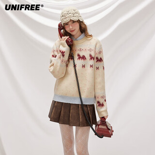 Unifree fair isle crew neck sweater classic retro jacquard loose lazy style soft waxy knitted top beige s