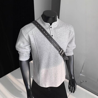 Xingsuyao (xingsuyao) white floral gray stand-up collar long-sleeved t-shirt for men in autumn spliced boxy style sweatshirt american shoulder henley collar bottoming shirt light gray upgraded model xl