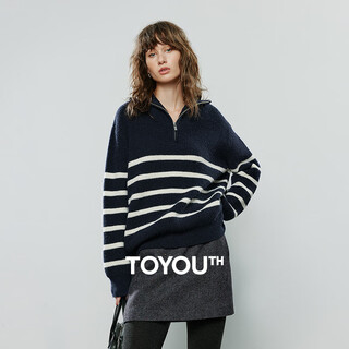 Chuyu sweater women's 2025 winter new striped lapel thick warm knitted top navy blue white striped l