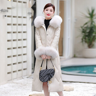 Hoores new winter genuine leather down jacket for women mid-length over the knee slim fit sheepskin fox fur collar coat for women off-white xl 108~118jin jin equals 0.5 kg