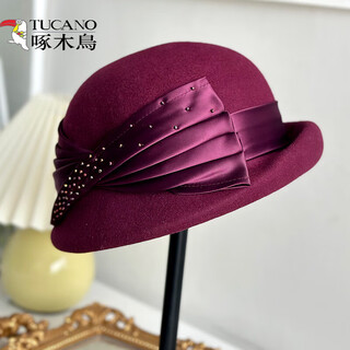Woodpecker (tucano) elegant curly wool basin hat women's autumn and winter new satin bow fashion versatile wool fisherman hat burgundy m(56-58cm)