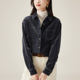 SOFSIL【雪尼尔】牛仔衬衫女2025秋冬时尚百搭洋气女士衬衣上衣外套 深蓝 S