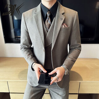 Dk brand men's suit suit men's autumn and winter thick suit suit korean version slim groom wedding formal suit brown suit + trousers plaid style m
