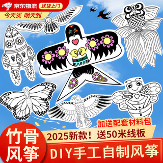 皓梵洁风筝diy手工制作材料空白风筝自制材料包手绘儿童简易纸鸢模型 diy风筝 款式随机 送配套材料包