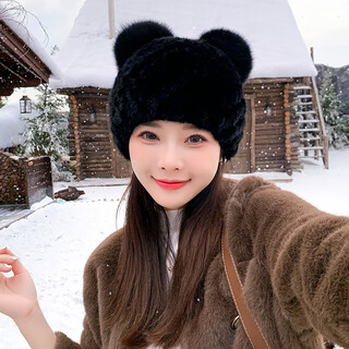 Princess mink fur braided cute ear protection hat for women winter warm casual parent-child fox fur ball real fur straw hat black one size fits all and elastic