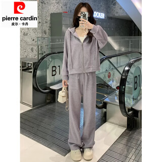 Pierre cardin european fashionable sportswear suit for women 2025 early spring and autumn hooded jacket casual wide-leg pants two-piece set lilac suit l (recommended 100jin jin equals 0.5kg -115jin jin equals 0.5kg)