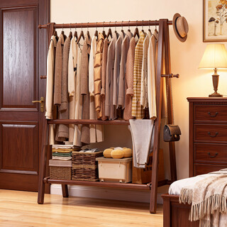 Mikemijia solid wood coat rack floor-standing clothes rack bedroom clothes rack household wooden clothes rack indoor simple clothes drying rack newly upgraded with trouser rail-walnut color 120