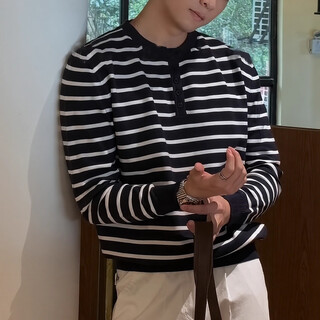 Kuraishi kazuki trendy brand retro striped henry collar sweater for men, versatile 2025 autumn and winter new casual high-end men's top, navy blue m