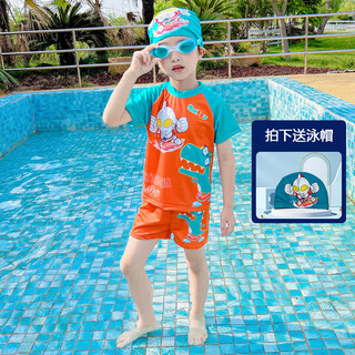 何佳功儿童泳衣男童奥特曼分体速干游泳衣小男孩宝宝训练泳裤泳装夏 桔色 带泳帽 90 cm 【建议身高85cm左右】