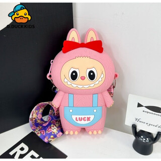 G.duckkids little yellow duck new labbu messenger bag cartoon cute messenger bag boys and girls coin purse student silicone labub overalls - pink