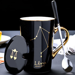 First idea of zodiac sign mug milk coffee cup with lid spoon household ceramic cup drinking cup for men and women couple birthday gift libra (black)