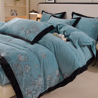 Nanjiren (nanjiren) class a baby velvet embroidery four-piece set autumn and winter suede thickened warm new bed sheet quilt cover sketch - light luxury blue class a health standard 1.8m bed sheet style four-piece set - quilt cover 200*230cm