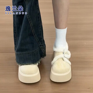 Landuo platform thick-soled birkenstock cotton shoes for women winter outer wear 2025 new small height increasing retro versatile warm cotton shoes off-white plus velvet 36 (230mm)