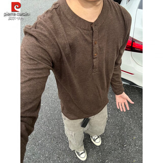 Pierre cardin old money style henley collar long-sleeved polo shirt for men, autumn lazy style round neck sweatshirt with bottoming knitted t-shirt, brown m 90-110jin jin is equal to 0.5 kg