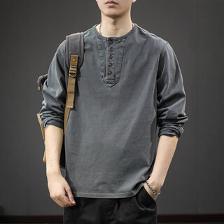 2025 new casual men's long sleeve t-shirt loose thin spring and autumn versatile trendy brand henley collar bottoming shirt sweatshirt gray m