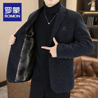 Romon woolen casual suit men's jacket autumn and winter thickened velvet warm fashion small suit embroidered woolen jacket dark gray xl 120-140jin jin equals 0.5 kg