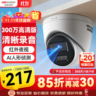 HIKVISION海康威视监控摄像头300万家用红外夜视AI人形检测可录音手机远程室内外监控器T13HV3-IA 2.8MM