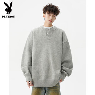 Playboy (playboy) american solid color henry collar sweater men's autumn and winter new trendy brand-style sweater casual warm couple jacket light gray xl