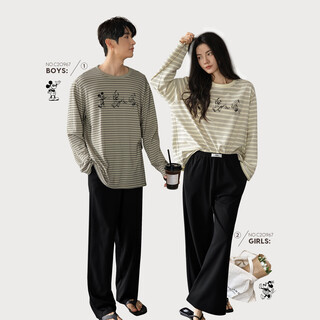 Beiyan couple pajamas for men and women new spring and autumn soft cotton long-sleeved large size suit cartoon striped home clothes can be worn outside c20967 women's l