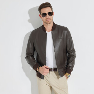 雷迪波尔皮衣男春夏新款压印LOGO绵羊皮棒球领男装皮夹克外套 咖啡色 XS 160_44_