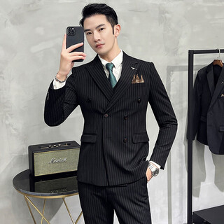 Less is more lilang men's suit double-breasted korean style slim business groom wedding dress casual striped suit black m