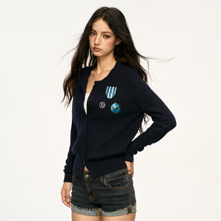 Aaisup american college style badge short knitted sweater women's 2025 autumn hot girl slim fit soft waxy sweater jacket navy m