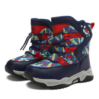 叶余冰爪防滑防水雪地靴冬季加绒加厚加高滑雪登山鞋魔术贴童鞋 9969雪地靴深蓝红 加绒加厚零下四十度可穿 26