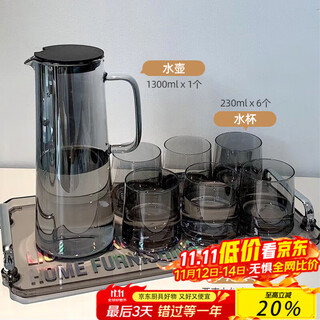 Chino glass household nordic water cup set for entertaining guests drinking water teacup simple cup living room cold water kettle heat-resistant (same style as the main picture) cigarette ash 1 pot 6 cups + tray