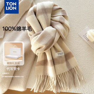 Tonlion 100% sheep wool scarf women's winter warm scarf plaid shawl birthday gift for senior girls gift box beige