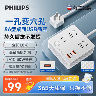 飞利浦（PHILIPS）PD30W快充86型转换插座插头转换器USB+Typec有线插座扩展 晶钻86型