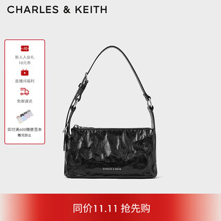 Charles&keith pleated wax leather cross-body small square bag handbag armpit bag women's birthday gift ck2-80160183 noir black s