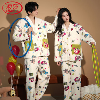 Langsha couple pajamas for one man and one woman in winter coral velvet thickened warm v-neck cardigan cartoon outer wear home clothes set 9044 couple m female + 2xl male