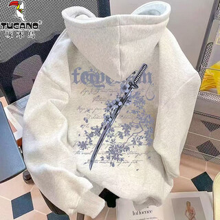 Woodpecker hooded sweatshirt men's trendy american style autumn and winter loose casual jacket students and teenagers sports plus velvet tops white gray regular m