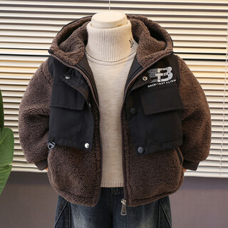 小红书爆款男童羊羔绒外套假两件秋冬季2025新款儿童加绒夹棉衣服 咖啡色 cm 90