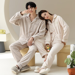 Congxin two sets of soft flannel couple pajamas for autumn and winter, thickened and velvet to keep warm, 25 years new men's and women's home clothes g 64956 light apricot + 75956 rice apricot l male + female m