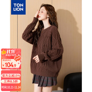 Tonlion 2024 women's round neck solid color cable sweater dark brown m