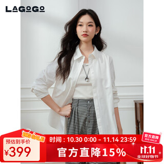 LAGOGO轻职场纯棉白衬衫女拉谷谷2025冬季新款系带内搭OCCC439A11 本白色 S