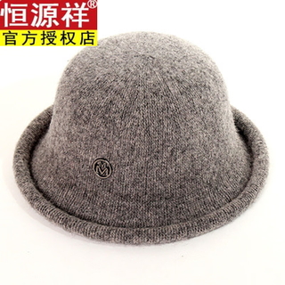 Hengyuanxiang autumn and winter double m label woolen hat women's versatile knitted fisherman hat retro solid color curled top hat trendy light gray adjustable
