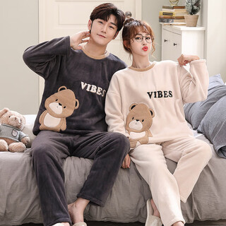 Pajamas, autumn and winter men's couple's pajamas, men's autumn and winter flannel plus velvet women's pajamas, women's thickened men's home clothes, flannel pajamas for women, beige bear l