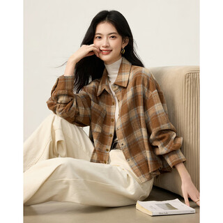 Shangjing retro fashionable plaid shirt women's long sleeve 2025 winter new atmosphere versatile brushed warm shirt top brown plaid m