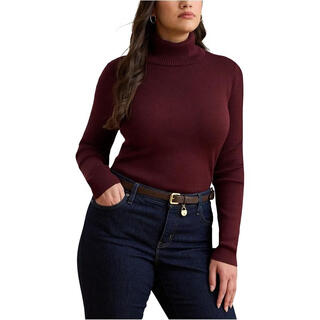 Polo ralph lauren women's pullover sweater classic versatile warm close-fitting cotton blend rib autumn and winter daily knitted simple sweater dark garnet one size | 2x