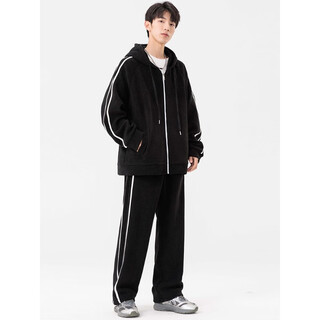 Kaduton men's spring and autumn large size hooded cardigan casual sports suit plus fat oversized long sleeve jacket and pants two-piece set men black xl