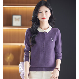 Snow flying (snowflying) exquisite embroidered pullover women's lapel long-sleeved fashionable color matching age-reducing and slimming women's knitted tops 25 autumn and winter