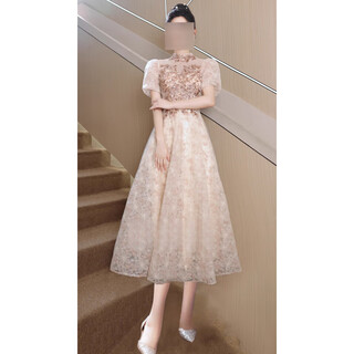 Xiaohanlu evening dress for women, high-end light luxury, dignified and decent, beautiful engagement dress 2025 new banquet host feeling 22260 mid-length short-sleeved xs