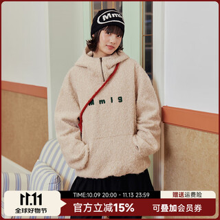 Mmlg polar fleece hooded sweatshirt for women and men 2025 winter new loose retro casual half-zip letter embroidered jacket beige s
