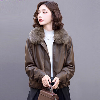 Chuxin velvet thickened pu leather jacket for women 2025 winter new women's retro casual high-end short jacket coffee color coffee fur collar (fur collar can be removed) m 80jin jin equals 0.5kg -110jin jin equals 0.5kg