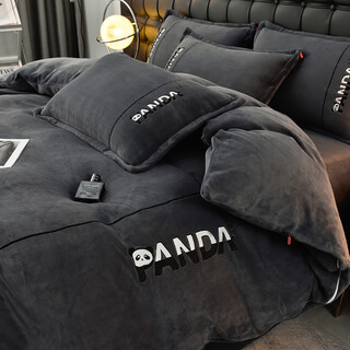 Enxing embroidered milk velvet bed four-piece set winter coral flannel quilt cover pink bedding women's thickened sheets new xp red panda-gentleman gray high weight thickened milk velvet_double warmth_fine bed sheet style 1.5m bed four-piece set suitable for 200x230 quilt