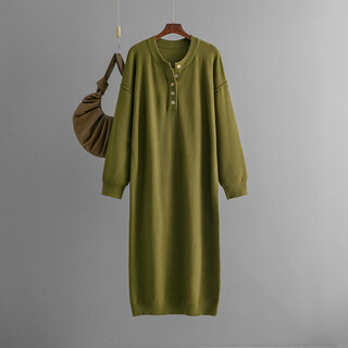 2024 autumn and winter new amazon european and american button sweater dress solid color loose casual green one size