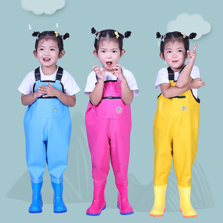 He jiagong children's waders for playing in the water one-piece rain boots kindergarten waterproof beach rain pants for boys and girls children yellow overalls with pockets m 24 (shoe inner length 15c)